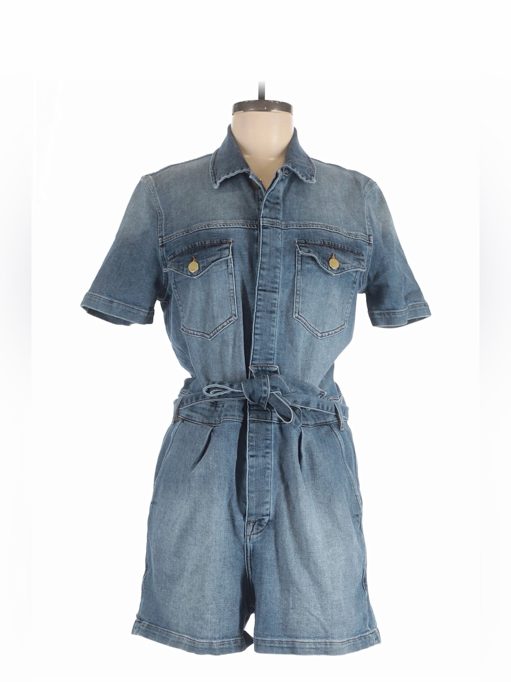 FRAME Maxson Pleated Denim Tie-Waist Coverall Romper - Size Large